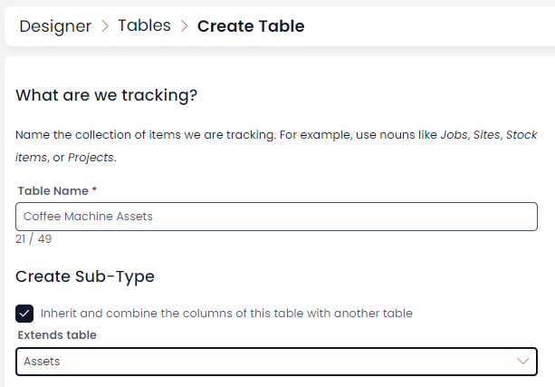 A screenshot demonstrating how to create a Coffee Machine Assets subtype table. It highlights the importance of naming the table and choosing the correct subtype.